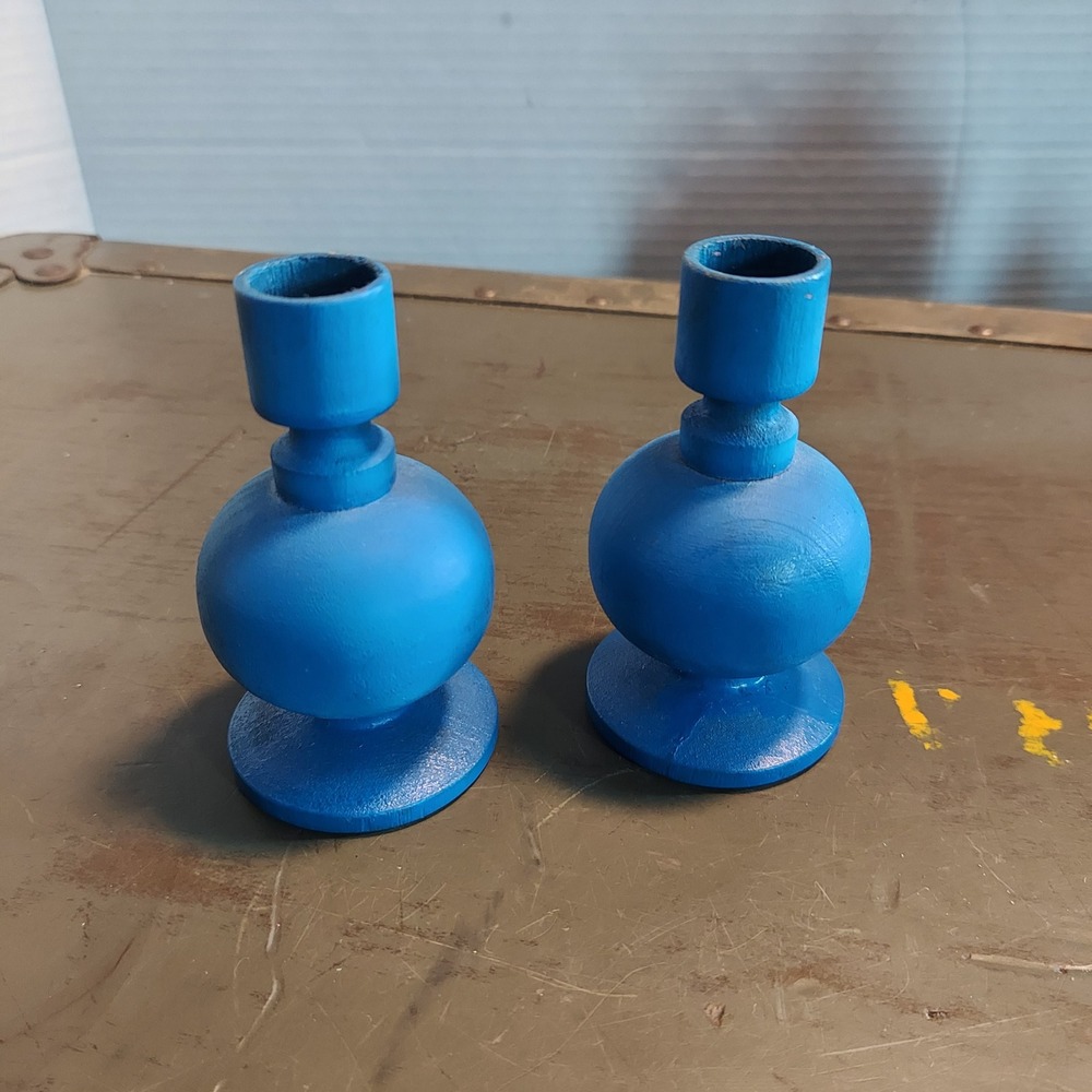 Aarikka Finland Blue Wooden Candle Holders Set of 2 Vintage Scandinavian Modern